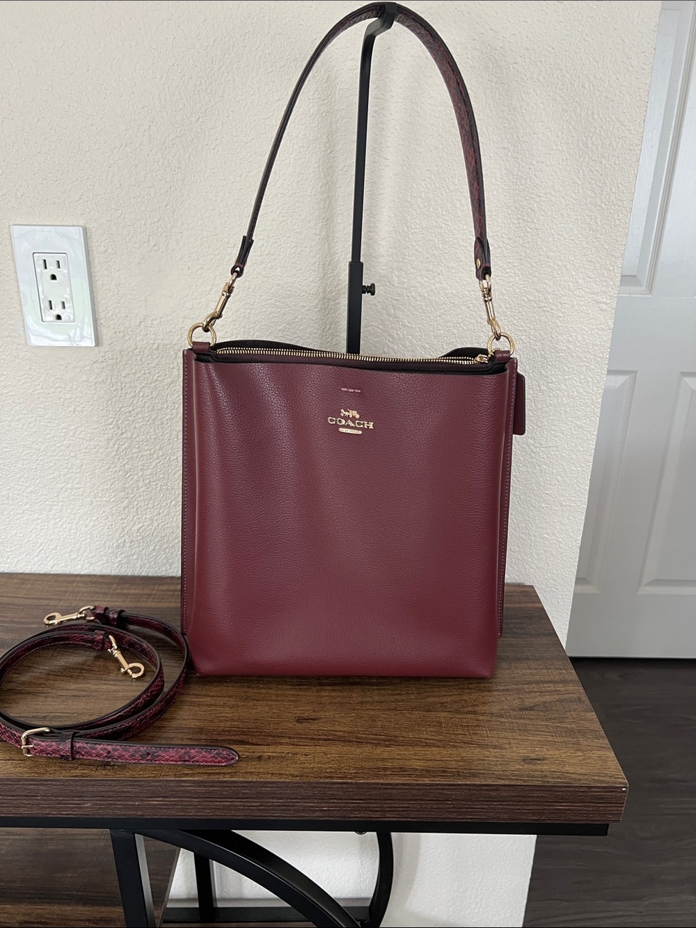 EUC Mollie Bucket Bag in Burgundy Pebbled Leather with Gold-Tone Hardware
